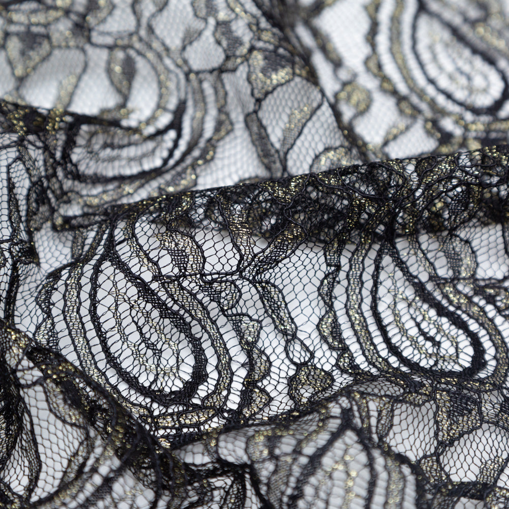 Stretch Corded Chantilly Lace - Metallic Gold and Black Paisley