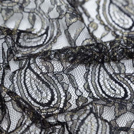 Stretch Corded Chantilly Lace - Metallic Gold and Black Paisley