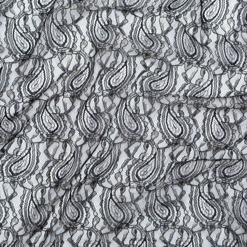 Stretch Corded Chantilly Lace - Metallic Gold and Black Paisley