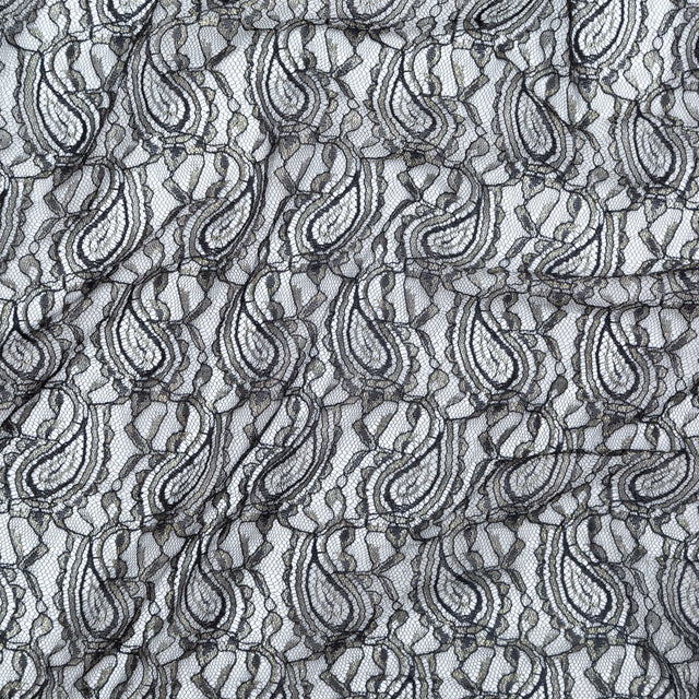 Stretch Corded Chantilly Lace - Metallic Gold and Black Paisley
