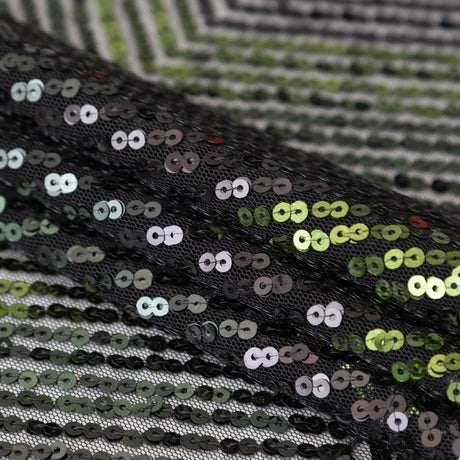 Tulle with Baby Sequins - Gradient Green Zig Zag on Black