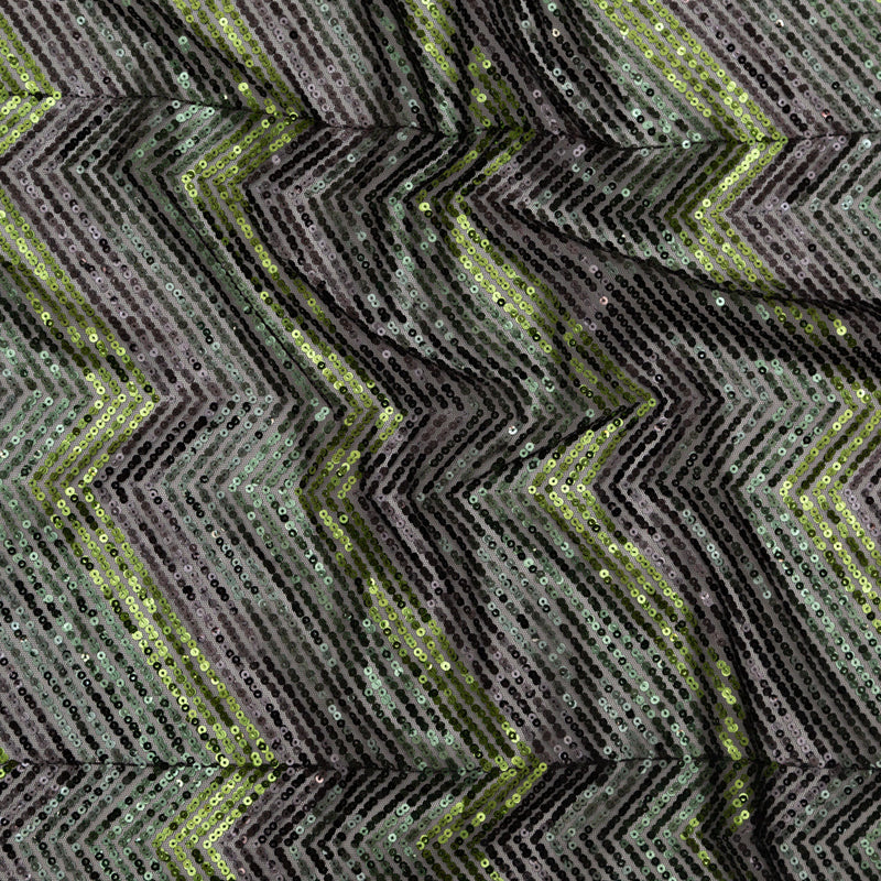 Tulle with Baby Sequins - Gradient Green Zig Zag on Black