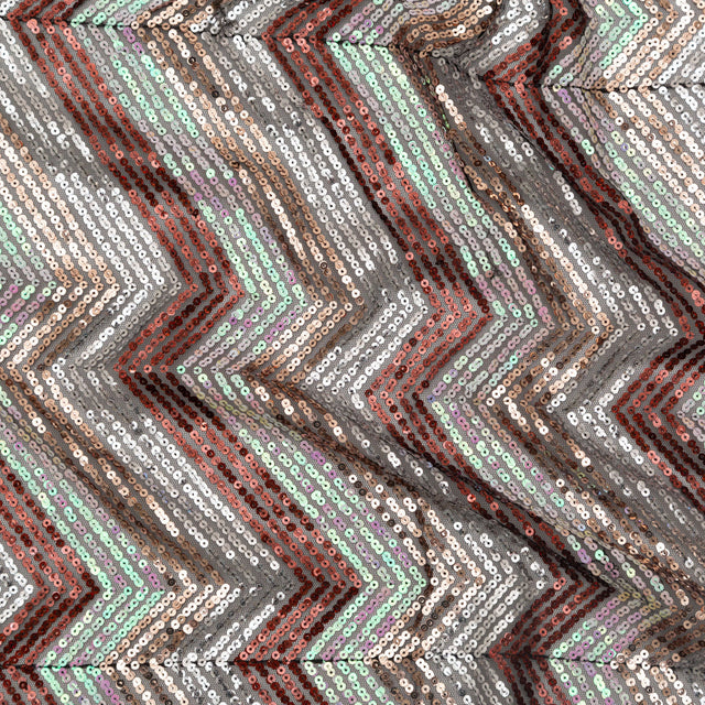 Tulle with Baby Sequins - Iridescent Pink, Rust, Rose Gold and Silver Zig Zag on Black