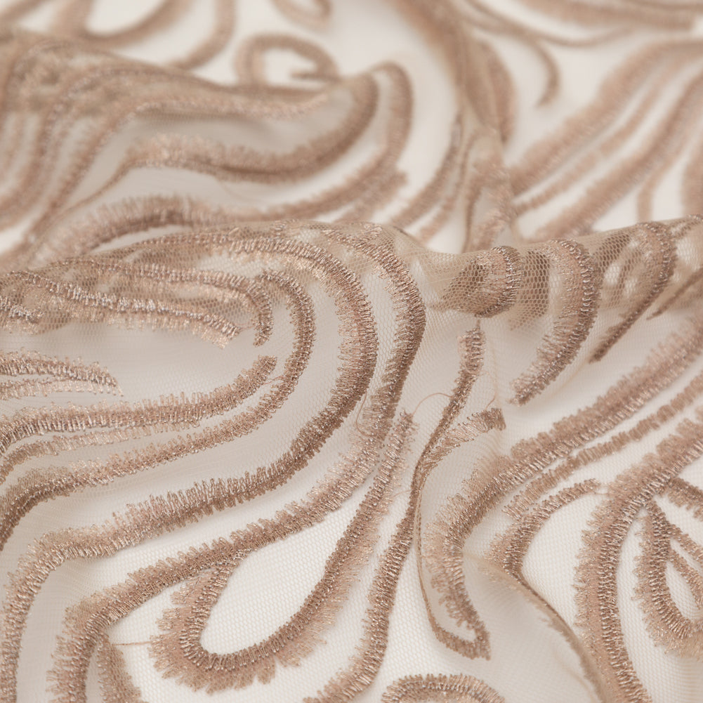 Abstract Embroidered Tulle - Metallic Pink Powder