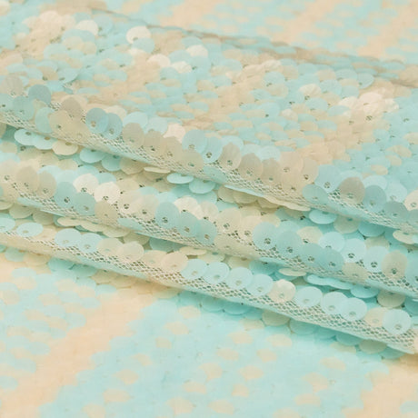 Mesh with Shell Sequins - Opal Blue and Almond Milk Stripes on White