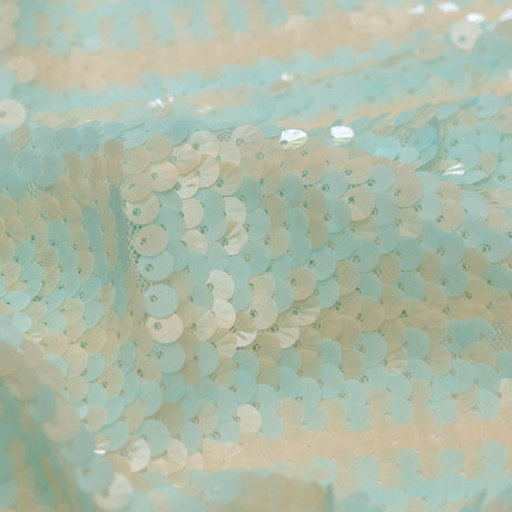Mesh with Shell Sequins - Opal Blue and Almond Milk Stripes on White