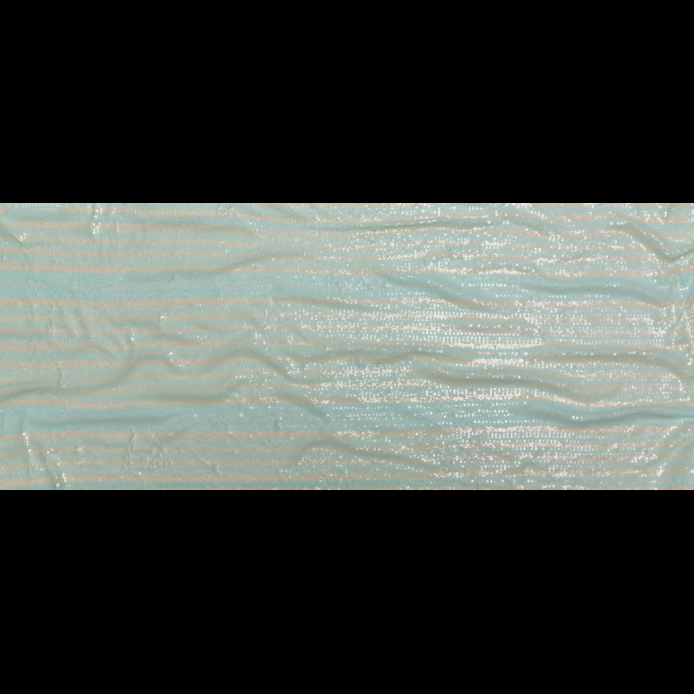 Mesh with Shell Sequins - Opal Blue and Almond Milk Stripes on White