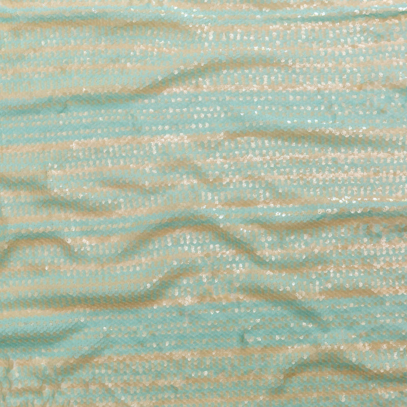 Mesh with Shell Sequins - Opal Blue and Almond Milk Stripes on White