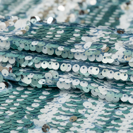 Mesh with Shell Sequins - Cerulean and White Stripes on Sky Blue