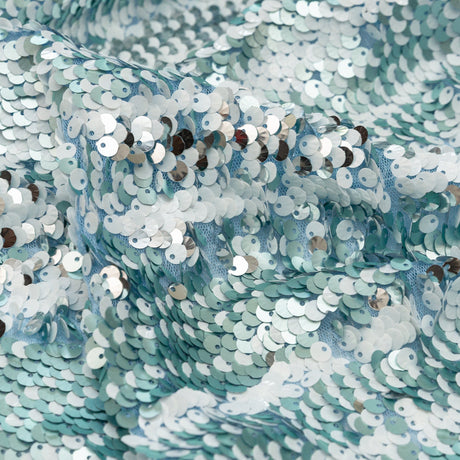 Mesh with Shell Sequins - Cerulean and White Stripes on Sky Blue