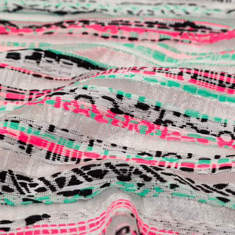 Milly Metallic Silver, Biscay Green, Neon Pink Striped Embroidered Organza