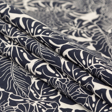 Italian Carbon Blue and Ecru Floral Cotton Jacquard