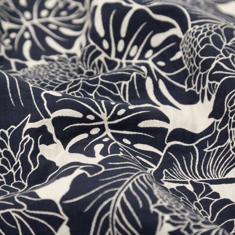 Italian Carbon Blue and Ecru Floral Cotton Jacquard