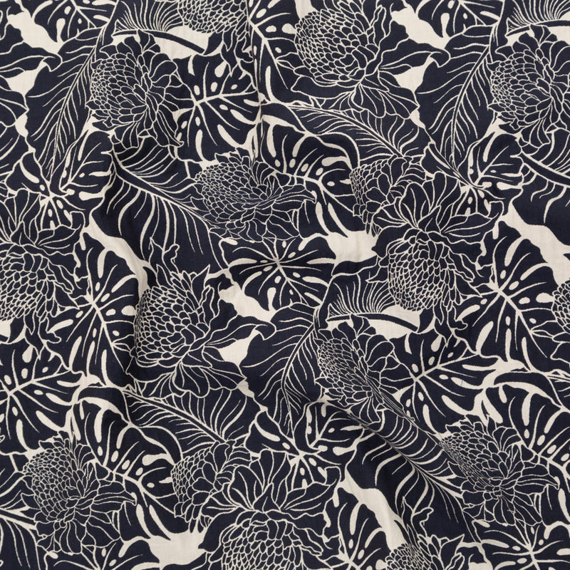 Italian Carbon Blue and Ecru Floral Cotton Jacquard
