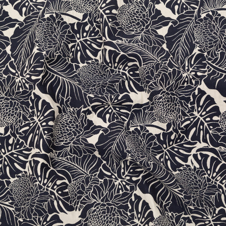Italian Carbon Blue and Ecru Floral Cotton Jacquard