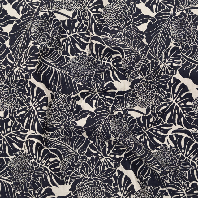 Italian Carbon Blue and Ecru Floral Cotton Jacquard