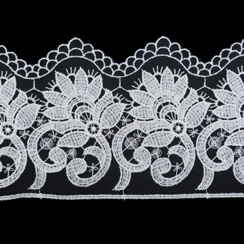 European White Floral Embroidered Lace on Mesh - 3.875"