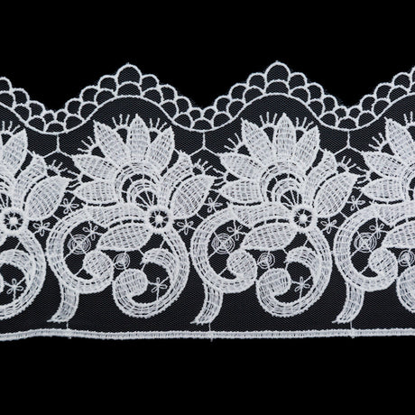 European White Floral Embroidered Lace on Mesh - 3.875"