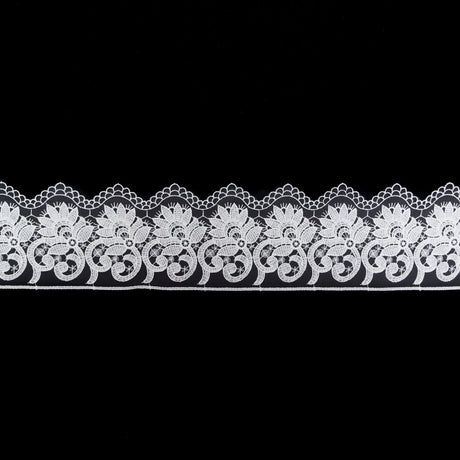 European White Floral Embroidered Lace on Mesh - 3.875"
