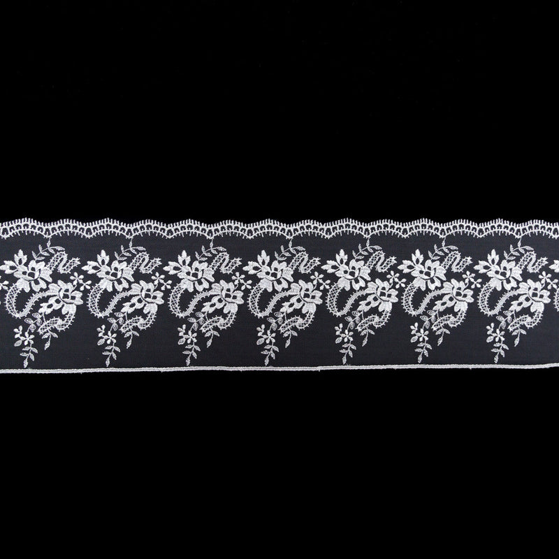 European Off-White Floral Embroidered Lace on Mesh - 4"
