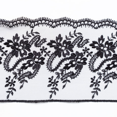 European Black Floral Embroidered Lace on Mesh - 4"