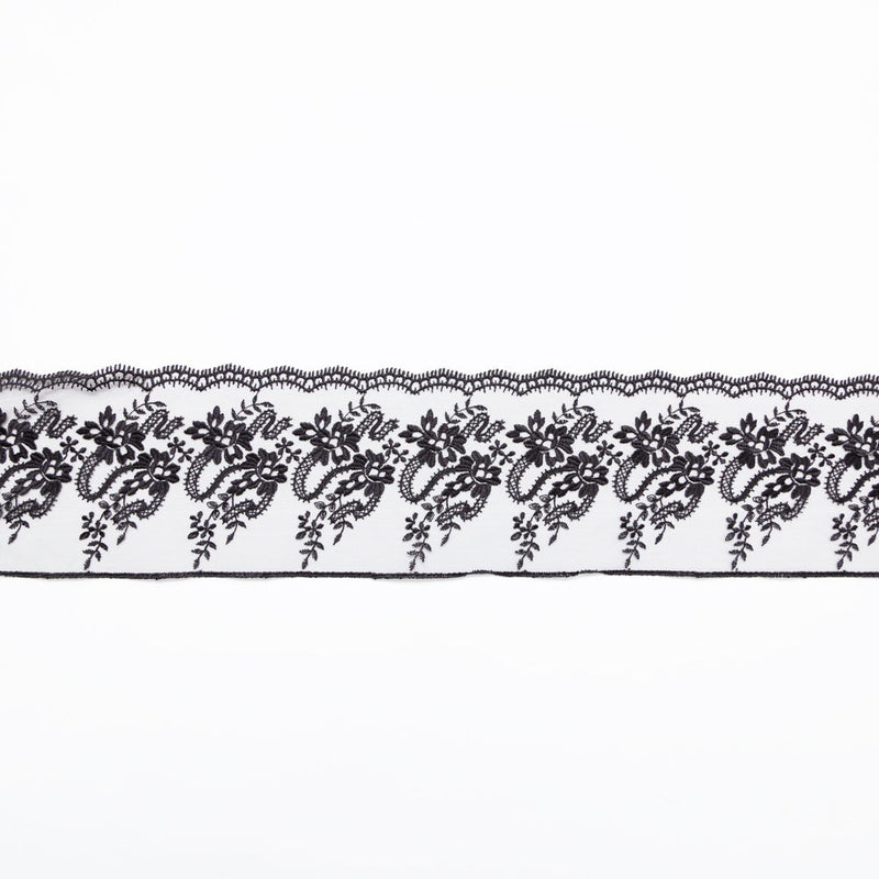 European Black Floral Embroidered Lace on Mesh - 4"
