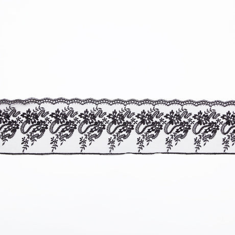 European Black Floral Embroidered Lace on Mesh - 4"