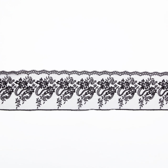 European Black Floral Embroidered Lace on Mesh - 4"