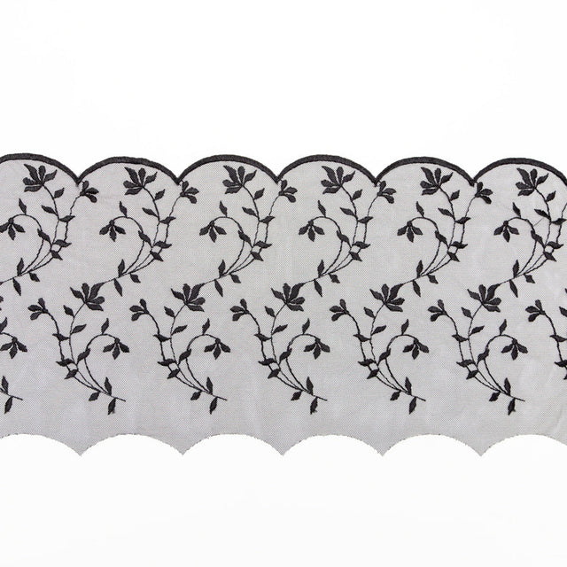 European Black Scalloped Embroidery Lace on Mesh - 9.5"