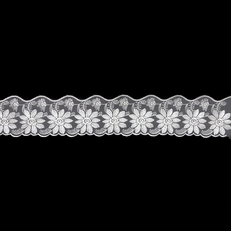 European White Floral Scalloped Embroidery Lace on Mesh - 3.375"