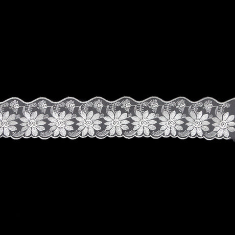 European White Floral Scalloped Embroidery Lace on Mesh - 3.375"