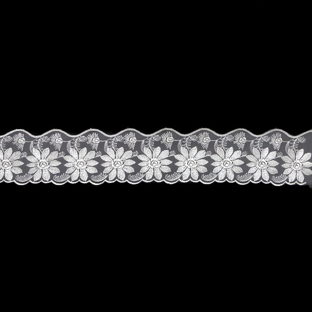 European White Floral Scalloped Embroidery Lace on Mesh - 3.375"