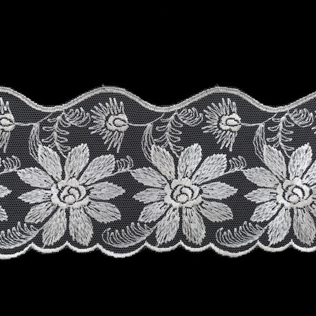 European Ivory Floral Scalloped Embroidery Lace on Mesh - 3.375"