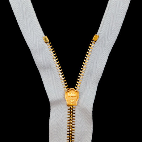 Mood Exclusive Italian White and Gold T5 Open End Metal Zipper - 27.5"