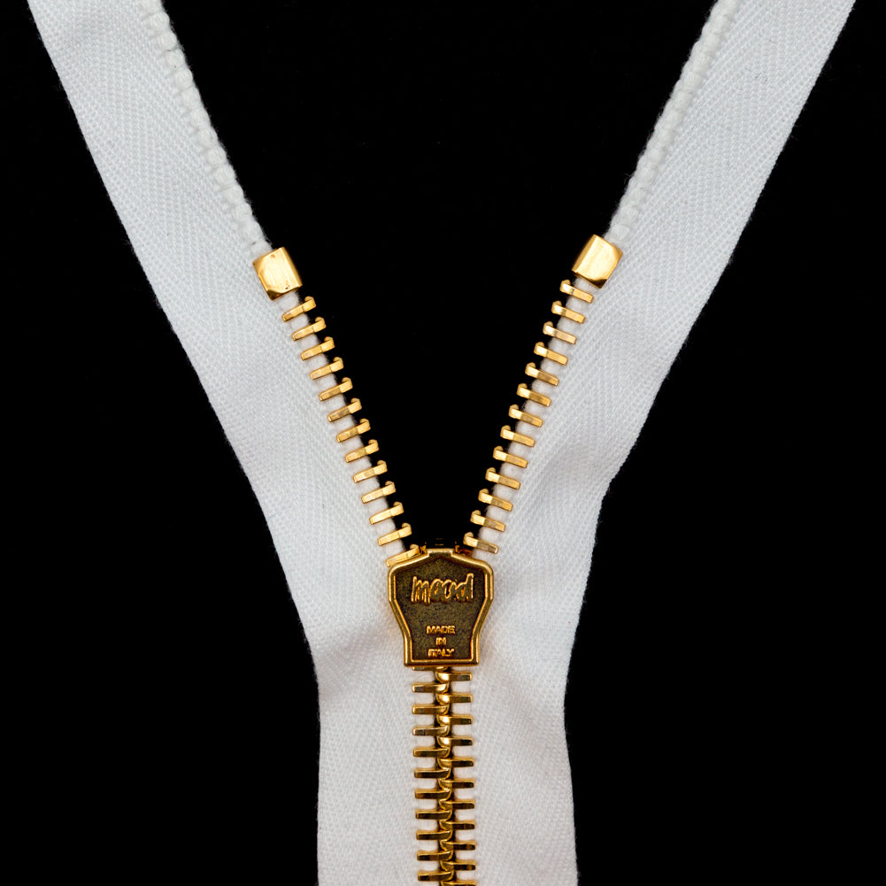 Mood Exclusive Italian White and Gold T8 Open End Metal Zipper - 27.5"