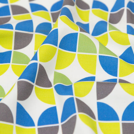 Italian Bit of Blue, Silver Filigree and Brilliant White Geometric Stretch Cotton Sateen