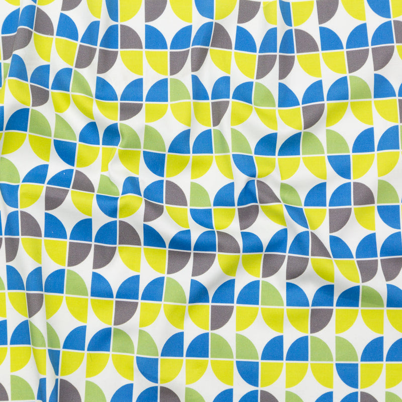 Italian Bit of Blue, Silver Filigree and Brilliant White Geometric Stretch Cotton Sateen