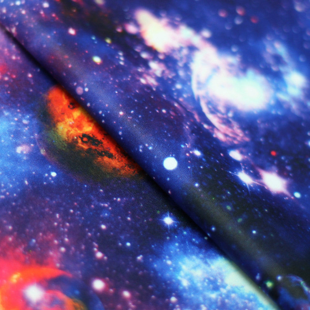 Galaxy Polyester Spandex Fabric - Pink, Blue, Multi, Sparkly Galaxy Print, 58/60" Width, 200 GSM (1 Yard)