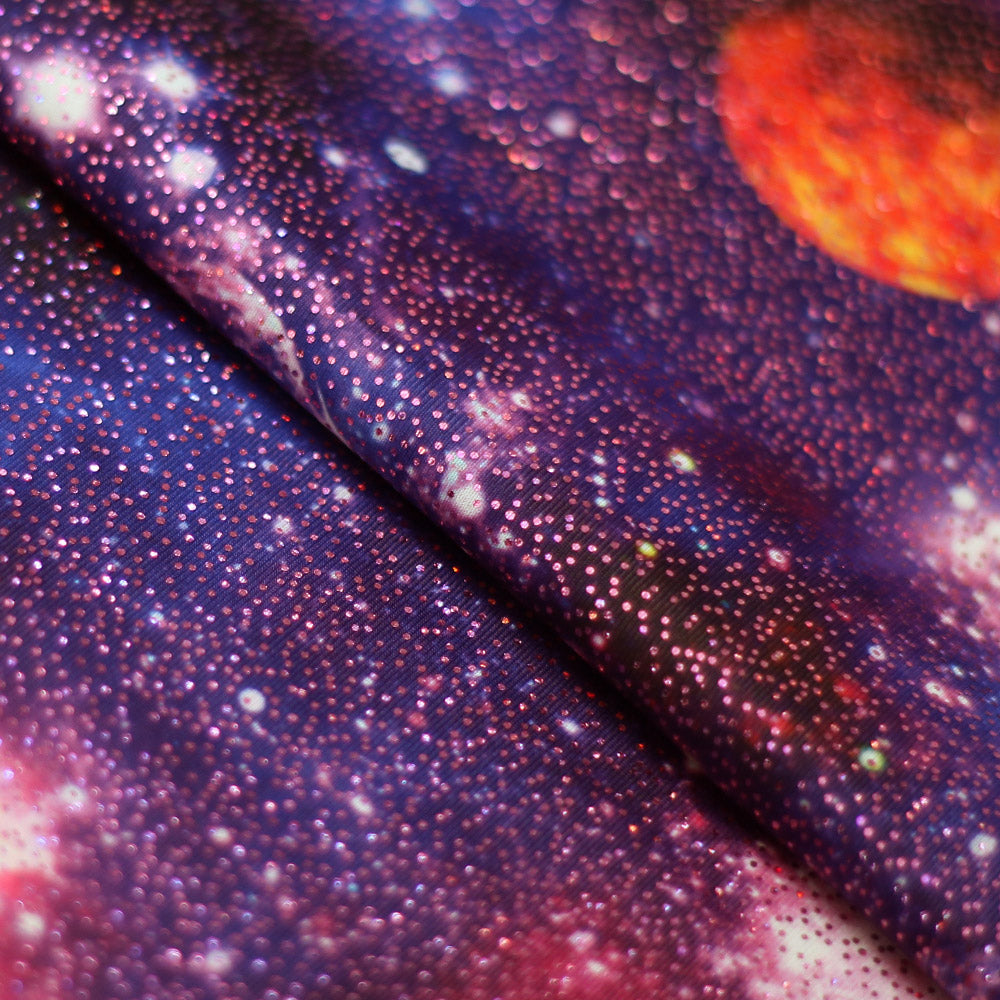Galaxy Polyester Spandex Fabric - Pink, Blue, Multi, Sparkly Galaxy Print, 58/60" Width, 200 GSM (1 Yard)