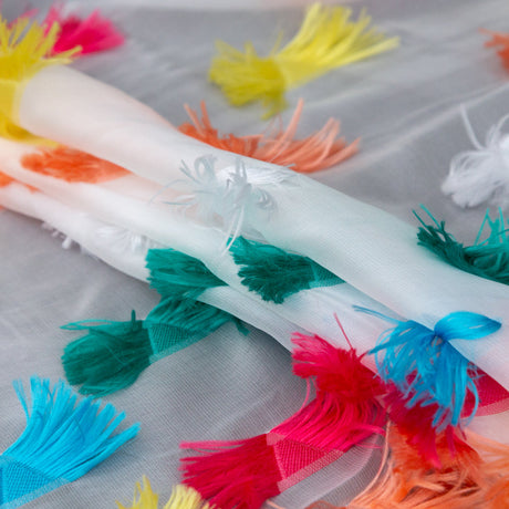 White Silk Chiffon with Multicolor Woven Fringe Triangles