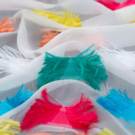 White Silk Chiffon with Multicolor Woven Fringe Triangles