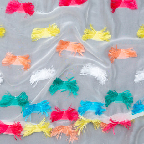 White Silk Chiffon with Multicolor Woven Fringe Triangles