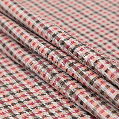 Brown, Coral and Magenta Tattersall Checkered Linen Dobby
