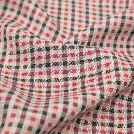 Brown, Coral and Magenta Tattersall Checkered Linen Dobby
