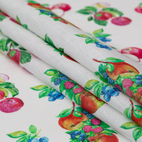 Blueberries and Apples Printed on an Ivory Linen Woven