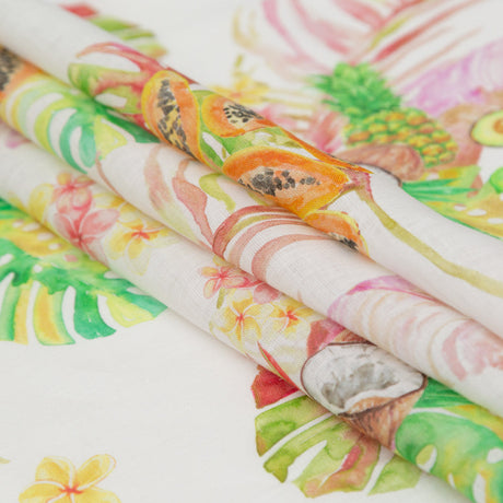 Avocado, Pineapples, Papaya and Coconuts Printed Ivory Linen Woven