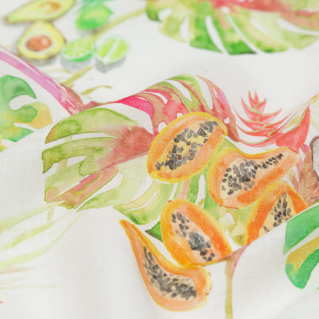 Avocado, Pineapples, Papaya and Coconuts Printed Ivory Linen Woven