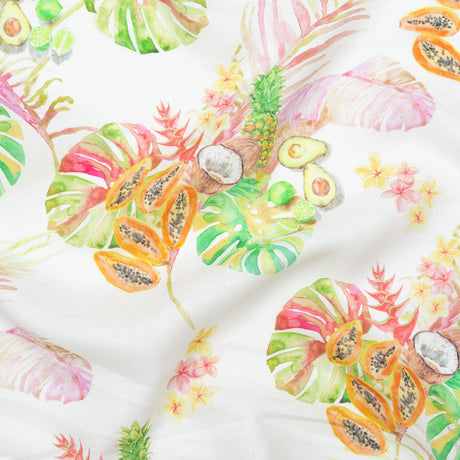 Avocado, Pineapples, Papaya and Coconuts Printed Ivory Linen Woven