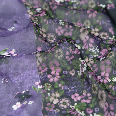 Italian Plum and Grass Green Striped Floral Polyester Chiffon