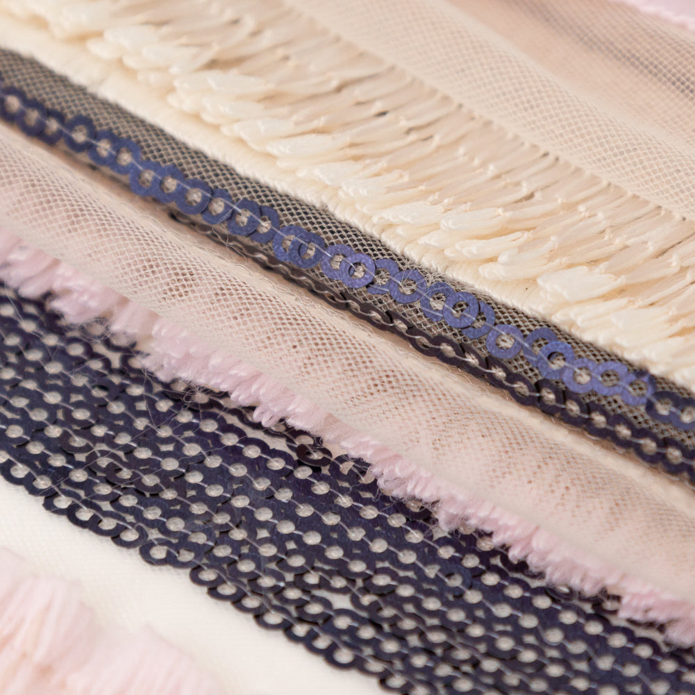 Italian Novelty Pale Beige and Pink Sequins and Fringe Striped Tulle